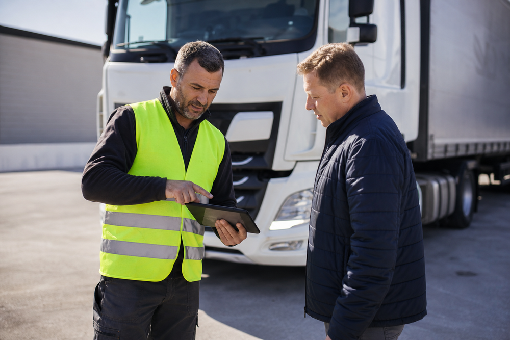 Chauffeur présentant une eCMR sur tablette, une pièce justificative qui doit accompagner la facture électronique via la plateforme agréée.