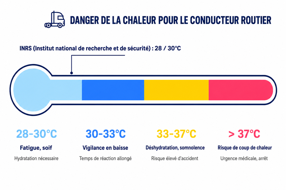 Thermomètre de danger lié à la canicule indiquant les effets de la chaleur : fatigue entre 28 et 30 °C, baisse de vigilance entre 30 et 33 °C, somnolence entre 33 et 37 °C, puis risque de coup de chaleur au-delà de 37 °C, avec un dégradé du bleu au rouge.