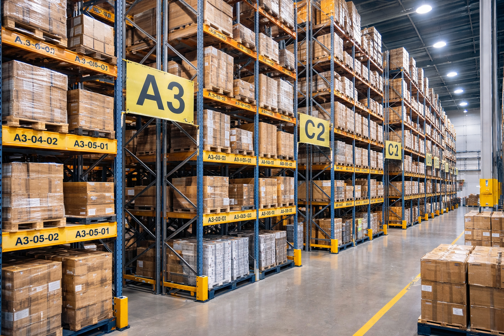 Intérieur d’entrepôt avec rayonnages métalliques hauts remplis de cartons bruns signalétique jaune A3 et C2 au sol en béton poli illustrant la gestion des emplacements via un warehouse management software