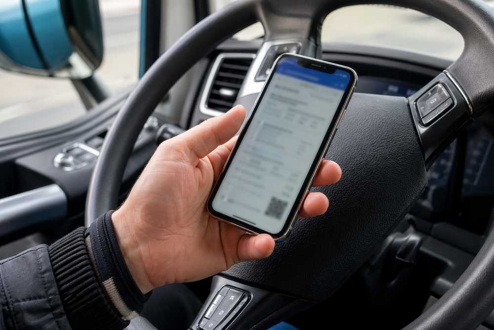 Persona sentada en el asiento del conductor sostiene un smartphone con la pantalla desenfocada, con el volante visible al fondo, consultando un documento de control digital durante la gestión del transporte.