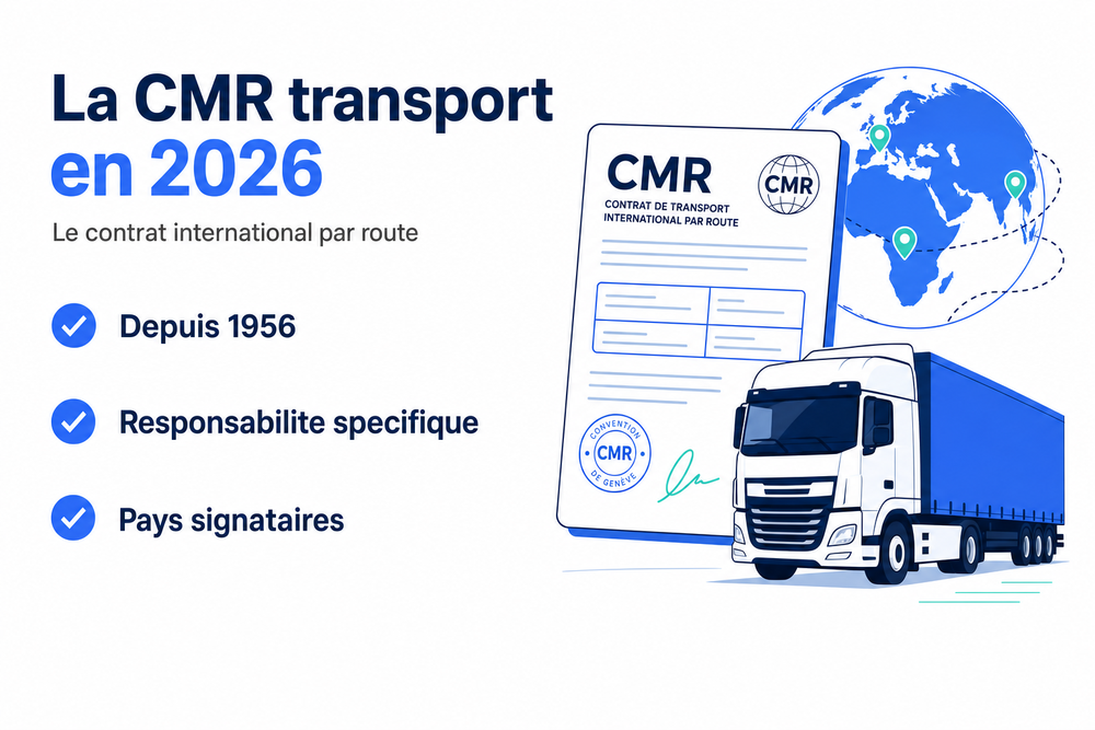 Infographie CMR transport 2026 avec checklist (depuis 1956, responsabilité spécifique, pays signataires) illustrée par un camion et un document
