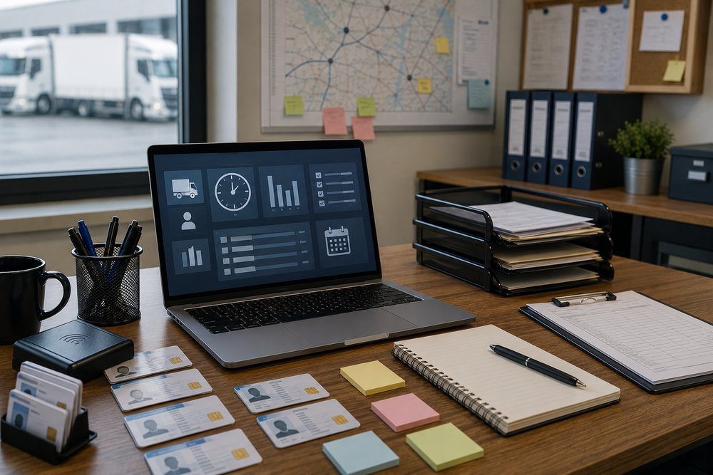 Escritorio de oficina con portátil mostrando gráficos de transporte, tarjetas identificativas, bloc de notas, bolígrafos, notas adhesivas y archivadores, con camiones visibles por la ventana y un mapa de operaciones al fondo.