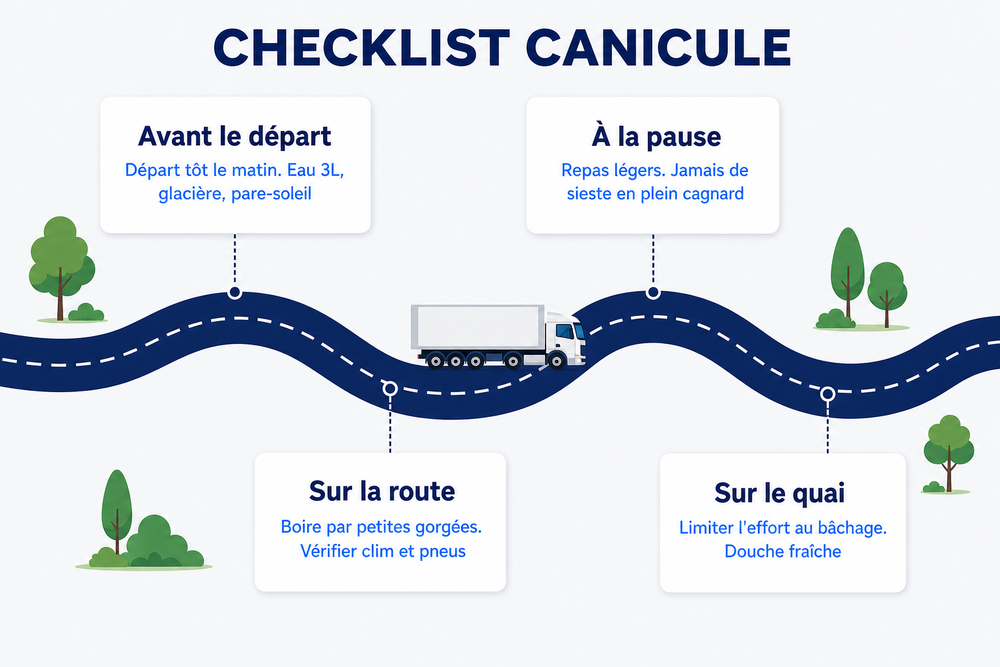 Conducteur routier et canicule : illustration d’une checklist de prévention montrant un camion sur une route sinueuse, avec des conseils à suivre avant le départ, pendant les pauses, sur la route et au quai.