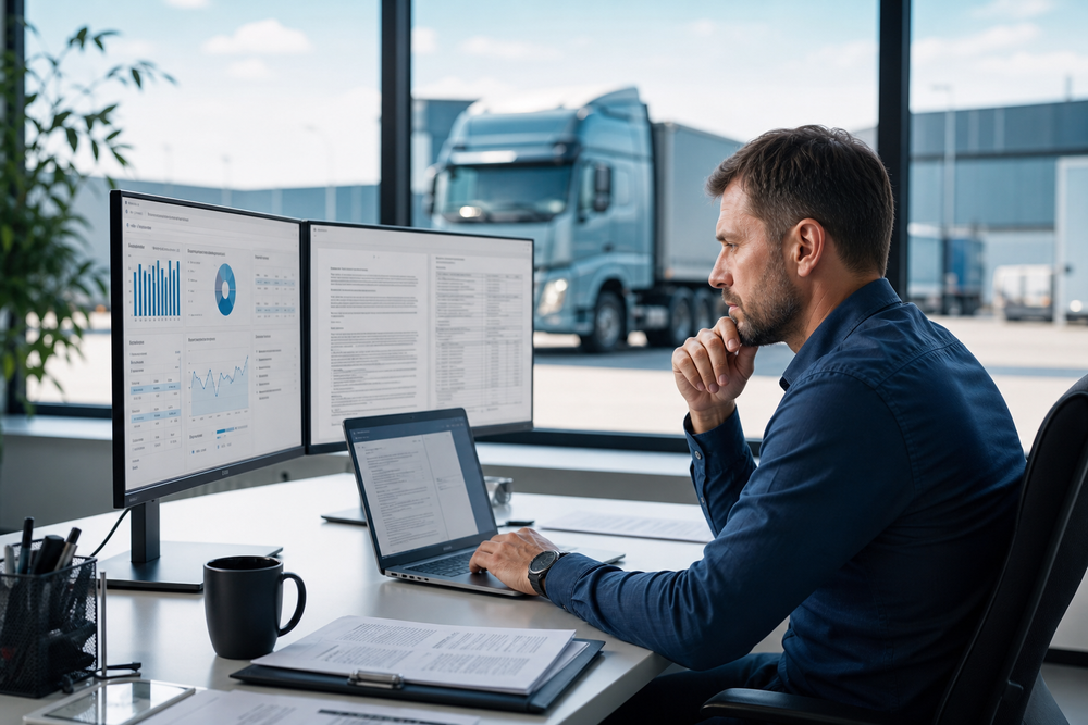 Exploitant de transport routier travaillant sur des appels d'offres et des certifications ISO dans un bureau logistique.
