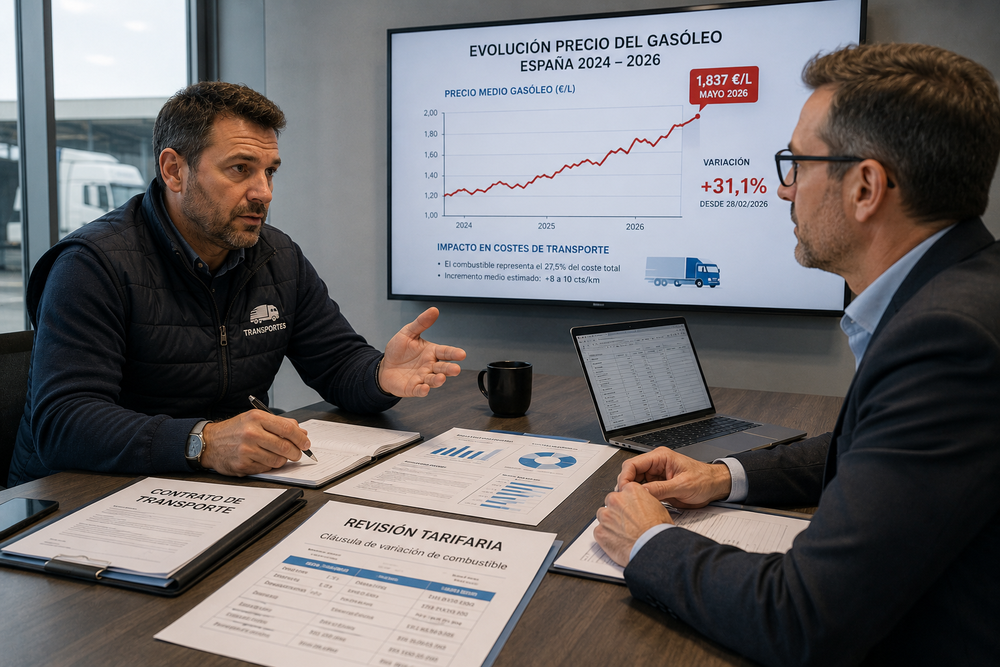 Dos profesionales del transporte analizan la evolución del precio del gasóleo en España entre 2024 y 2026, con gráficos, documentos tarifarios y datos proyectados en una pantalla de presentación.