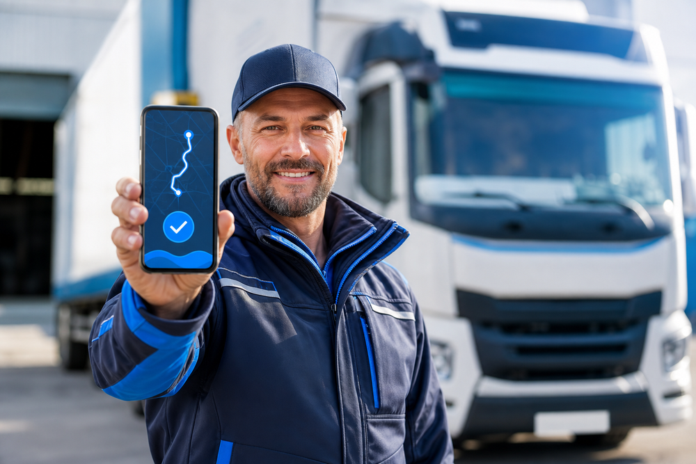 Camionero sonriente con gorra muestra en su móvil la app de una alternativa a Transporeon, frente a un gran camión blanco.
