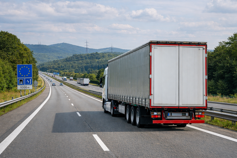 Camión realizando una operación de cabotaje en una autopista europea, con señalización de la UE y paisaje de fondo.