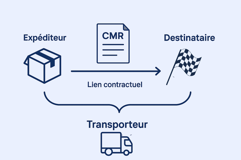 Schéma représentant le parcours d’un colis de l’expéditeur au destinataire, avec la signature du transporteur sur le document CMR et un lien contractuel entre les parties.