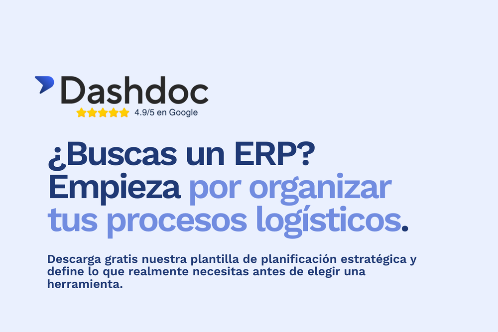 Texto promocional de Dashdoc sobre soluciones ERP, con enlace para descargar gratis una plantilla de planificación estratégica.