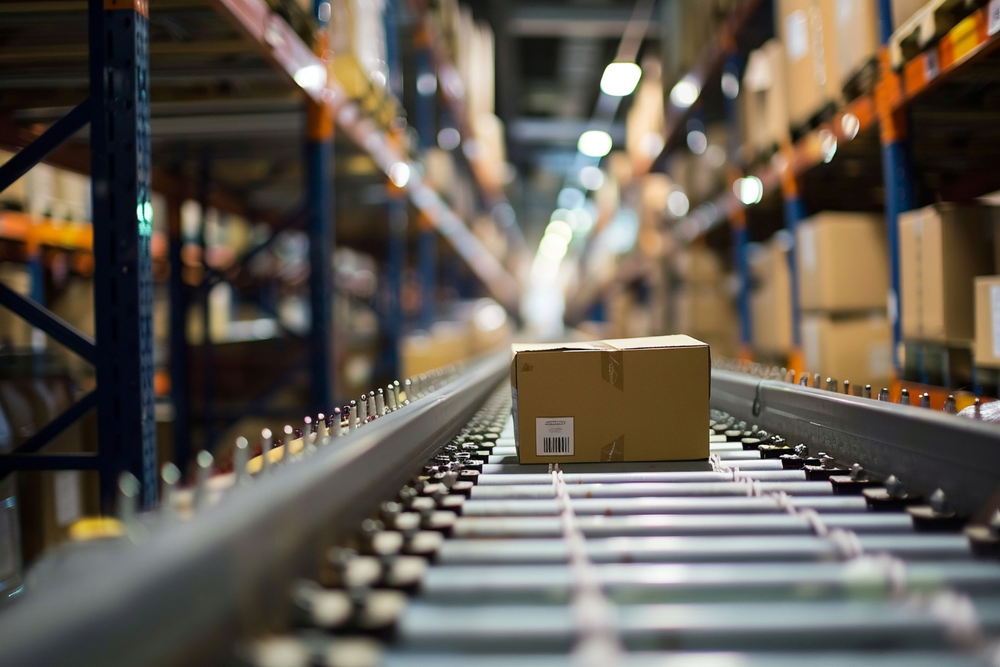 Caja de cartón en una cinta transportadora dentro de un almacén con estanterías llenas, representando la supply chain en la gestión de inventario y logística.