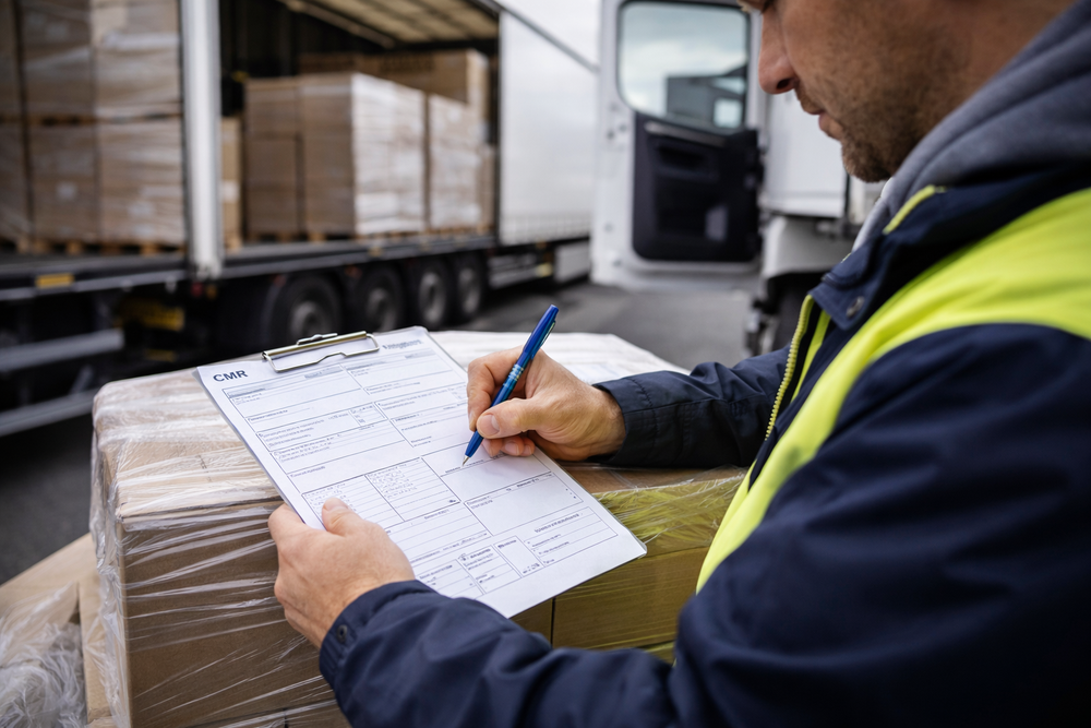 Chauffeur en gilet haute visibilité signant un document d'affrètement sur un clipboard près d'un camion chargé
