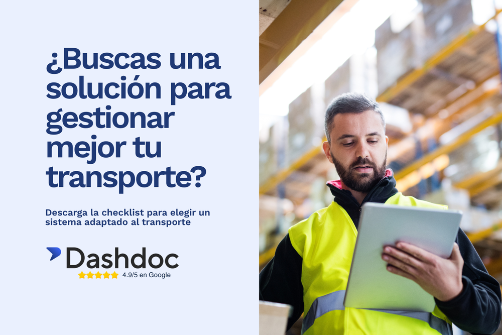 Hombre en un almacén usando una tablet, junto a un texto promocional sobre Dashdoc como solución ERP para la gestión del transporte.
