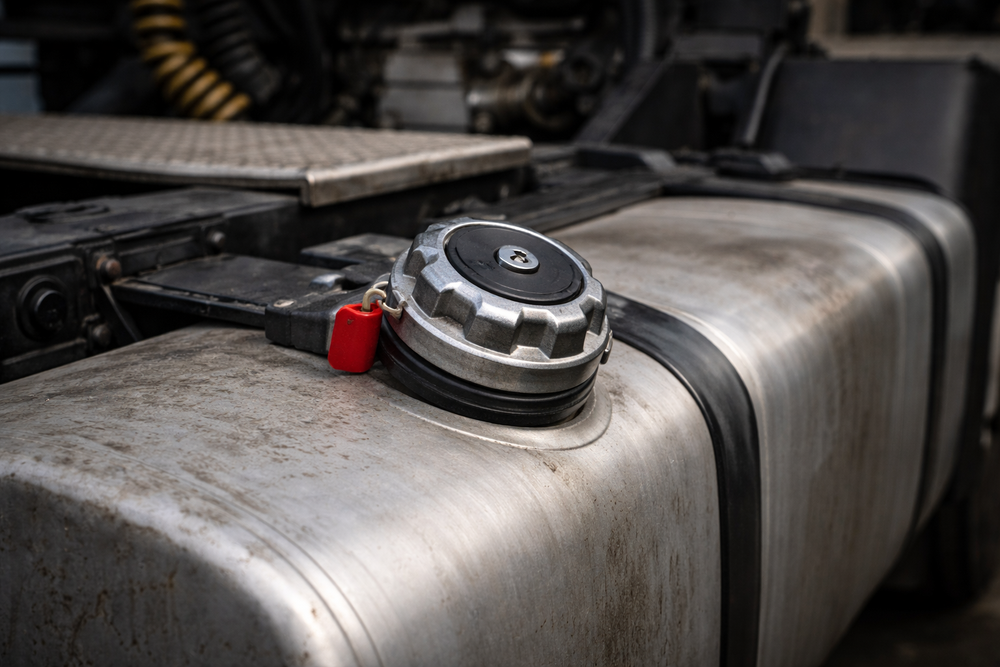 Bouchon de réservoir de camion sécurisé avec un scellé rouge, mesure de prévention contre le vol de carburant camion et le siphonnage.