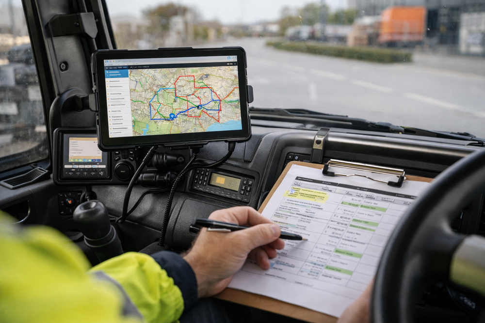 Personne dans un véhicule tenant un clipboard, avec une tablette affichant une carte numérique utilisée pour la navigation et un logiciel d’optimisation de tournée.