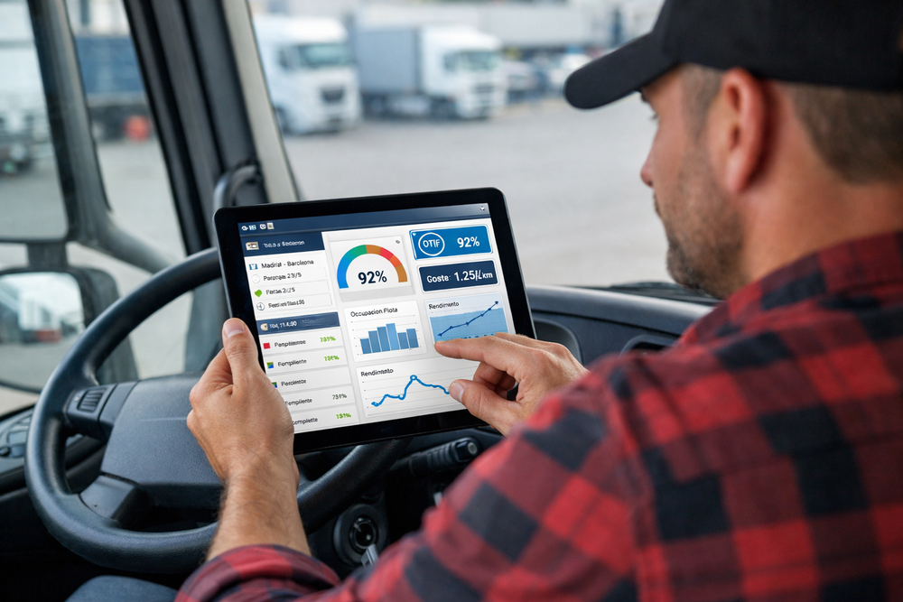 Conductor con camisa de cuadros roja usando tablet con panel de KPI transporte y camiones al fondo.