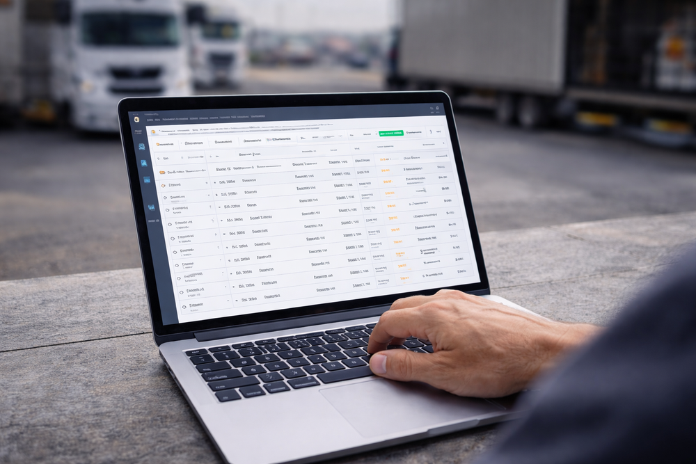 Gestión de datos de transporte con eFTI en España, una persona utiliza un portátil al aire libre mientras los camiones aparecen desenfocados al fondo.