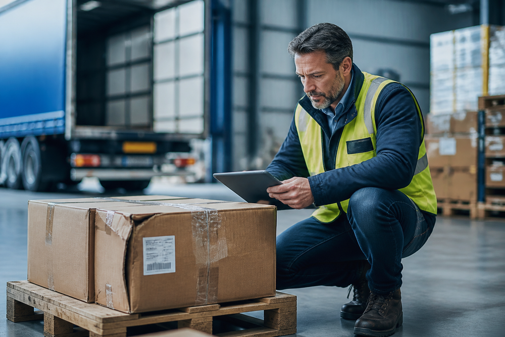Responsable logistique en gilet de sécurité contrôlant un colis sur palette avec sa tablette dans un entrepôt, une étape clé pour prévenir un litige transport.
