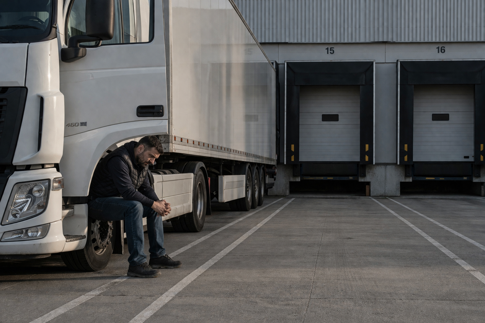 Un conductor de camión sentado en el escalón de la cabina, con expresión pensativa, mientras su vehículo está detenido junto a muelles de carga en una zona industrial, ilustrando la realidad de la gestión de flotas de transporte y los tiempos de espera operativos.