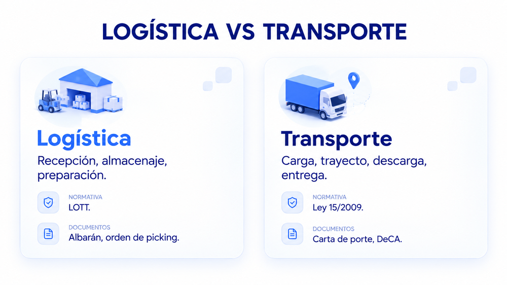 Tabla comparativa entre las operaciones, normativas y documentos de la logística frente a los del transporte de mercancías