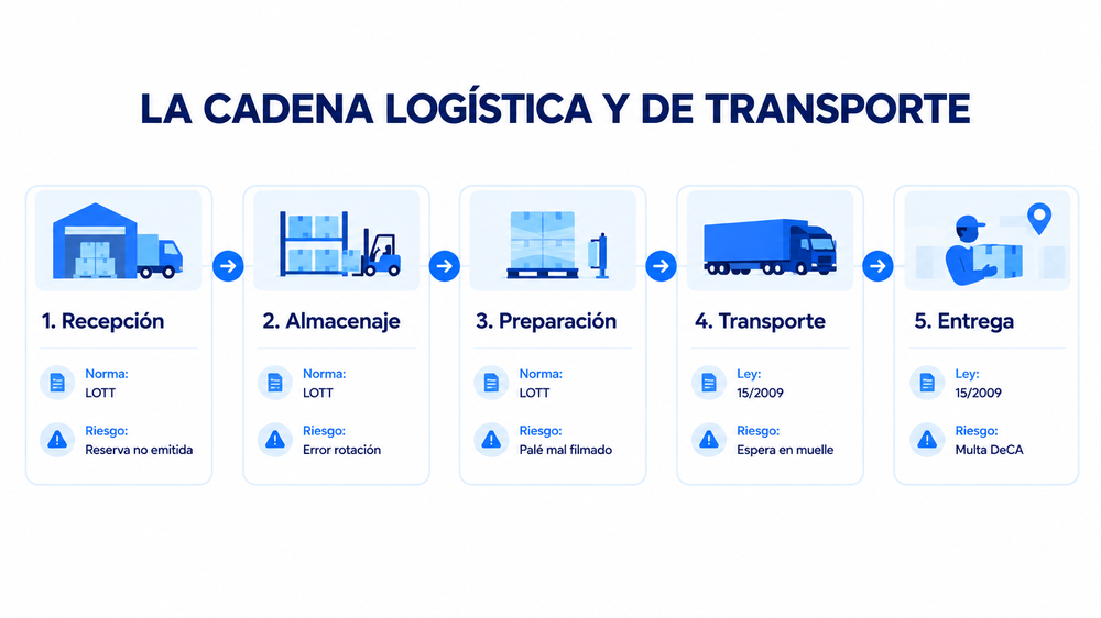 Esquema de la cadena logística y de transporte en 5 eslabones: recepción, almacenaje, preparación, transporte y entrega, con sus normativas y riesgos