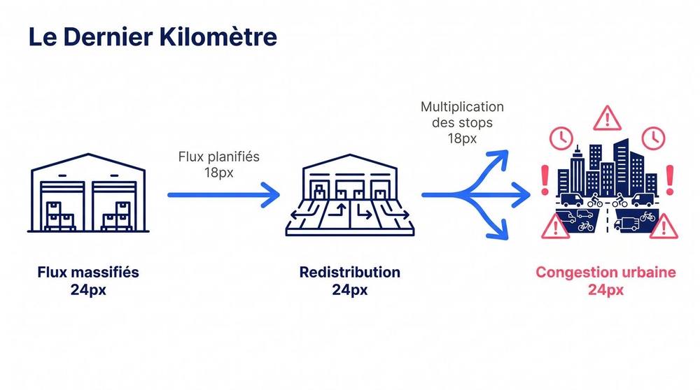 Schéma du processus de livraison dernier kilomètre : du flux massifié à la redistribution en hub, jusqu'à la multiplication des arrêts en zone urbaine congestionnée.