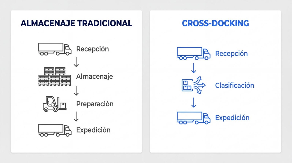 Comparación entre almacenamiento tradicional (recepción, almacenaje, preparación, expedición) y cross-docking sin almacenaje