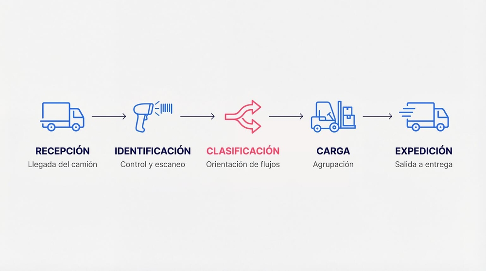 Diagrama de flujo de cross-docking en 5 etapas: Recepción, Identificación, Clasificación, Carga y Expedición