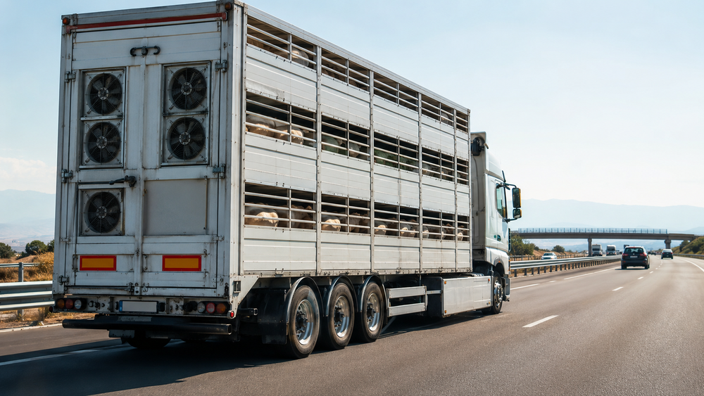 Transport d’animaux en période de canicule : un camion bétaillère équipé de ventilateurs circule sur l’autoroute aux côtés d’autres véhicules.