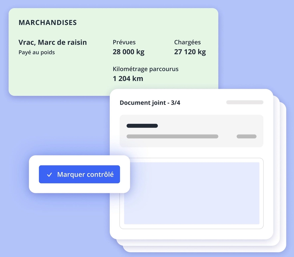 Interface de document en français affichant les détails d’une marchandise et d’une facture transport avec case à cocher Marqué contrôlé