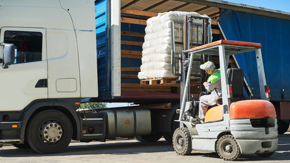 Operador de montacargas cargando un palé en un camión, ilustrando un proceso de logística de distribución bajo un cielo despejado.