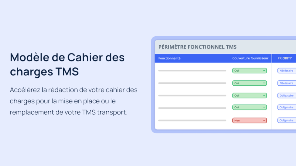 Modèle de cahier des charges TMS en français, avec un tableau présentant les fonctionnalités, la couverture des fournisseurs et le niveau de priorité.