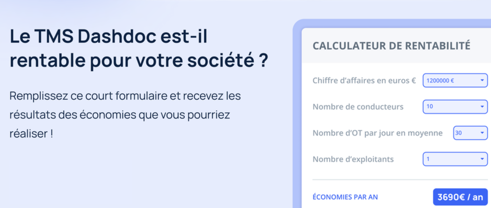 Formulaire en français demandant si le TMS Dashdoc est rentable, avec des champs pour le chiffre d’affaires, le nombre de conducteurs et d’exploitants.