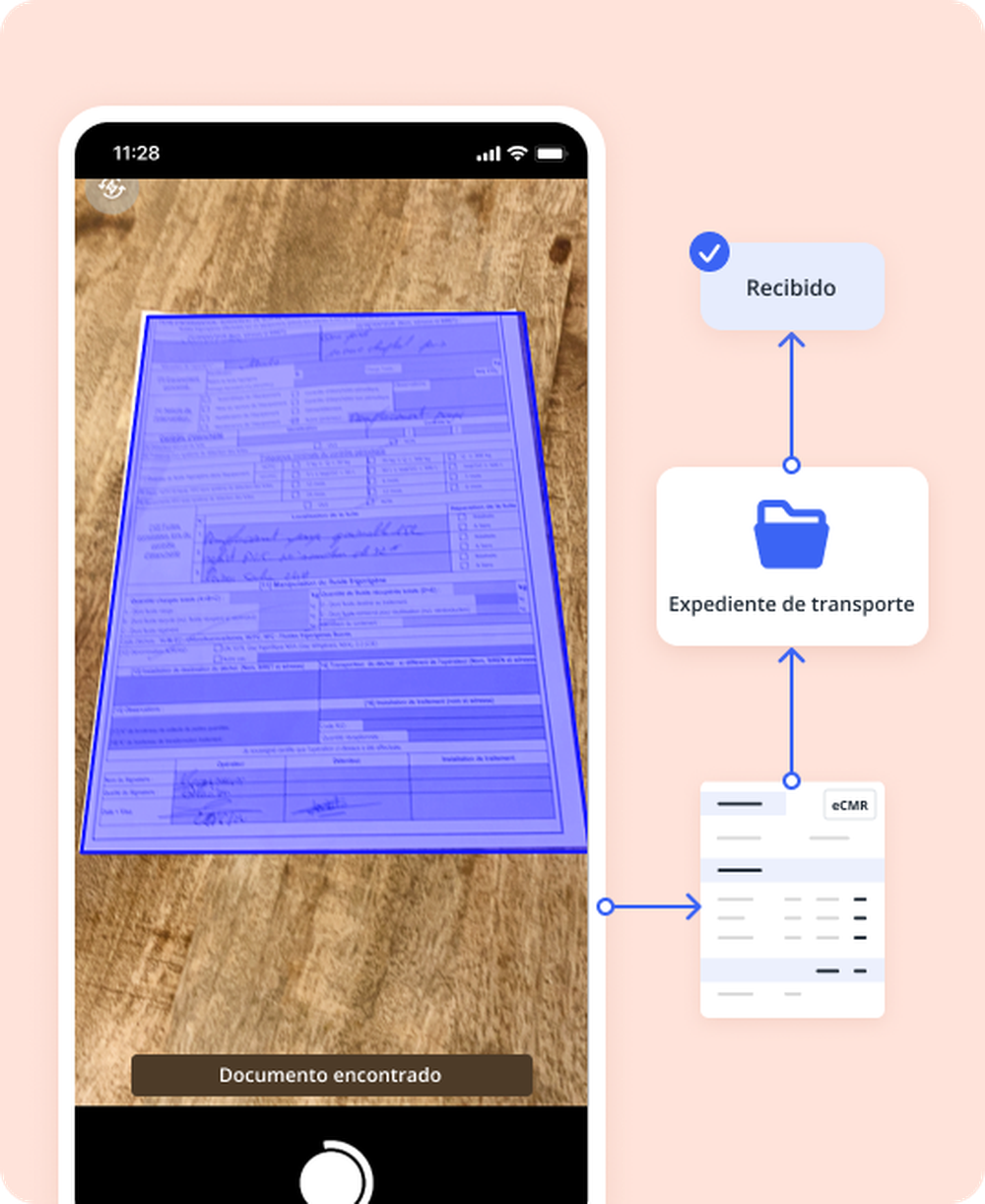 Smartphone escaneando un documento de transporte con el flujo "Recibido" y "Expediente de transporte"