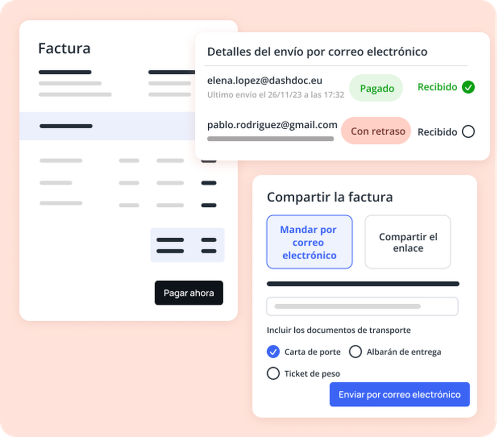 Interfaz de facturación con estado de pago y opciones de envío y adjuntos.