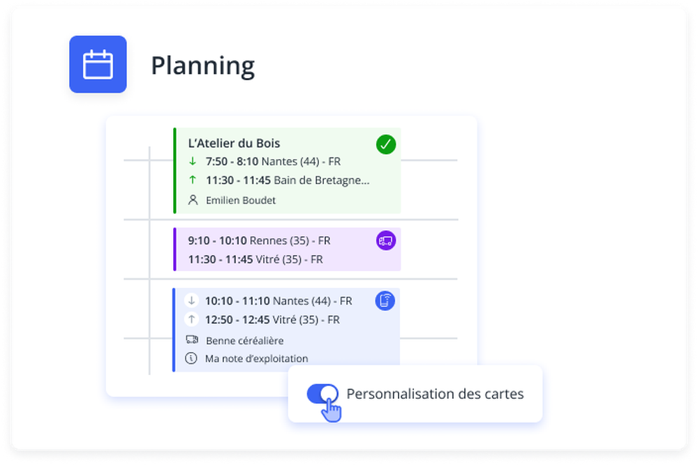 gestion de flotte poids lourds interface de calendrier affichant des événements programmés avec horaires et lieux codés par couleur et une option de personnalisation visible en pop up