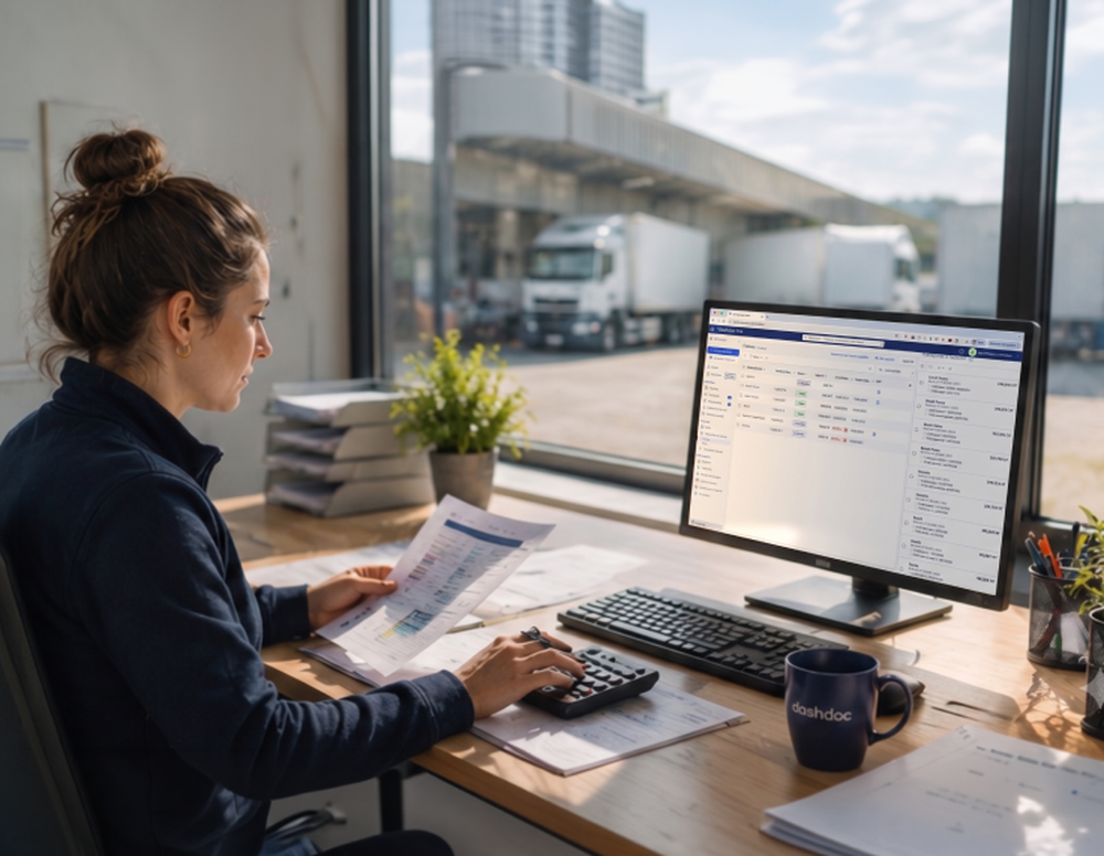 Femme au bureau vérifiant ses chiffres face à un écran, première étape pour digitaliser sa facture de transport en conformité avec la nouvelle réglementation