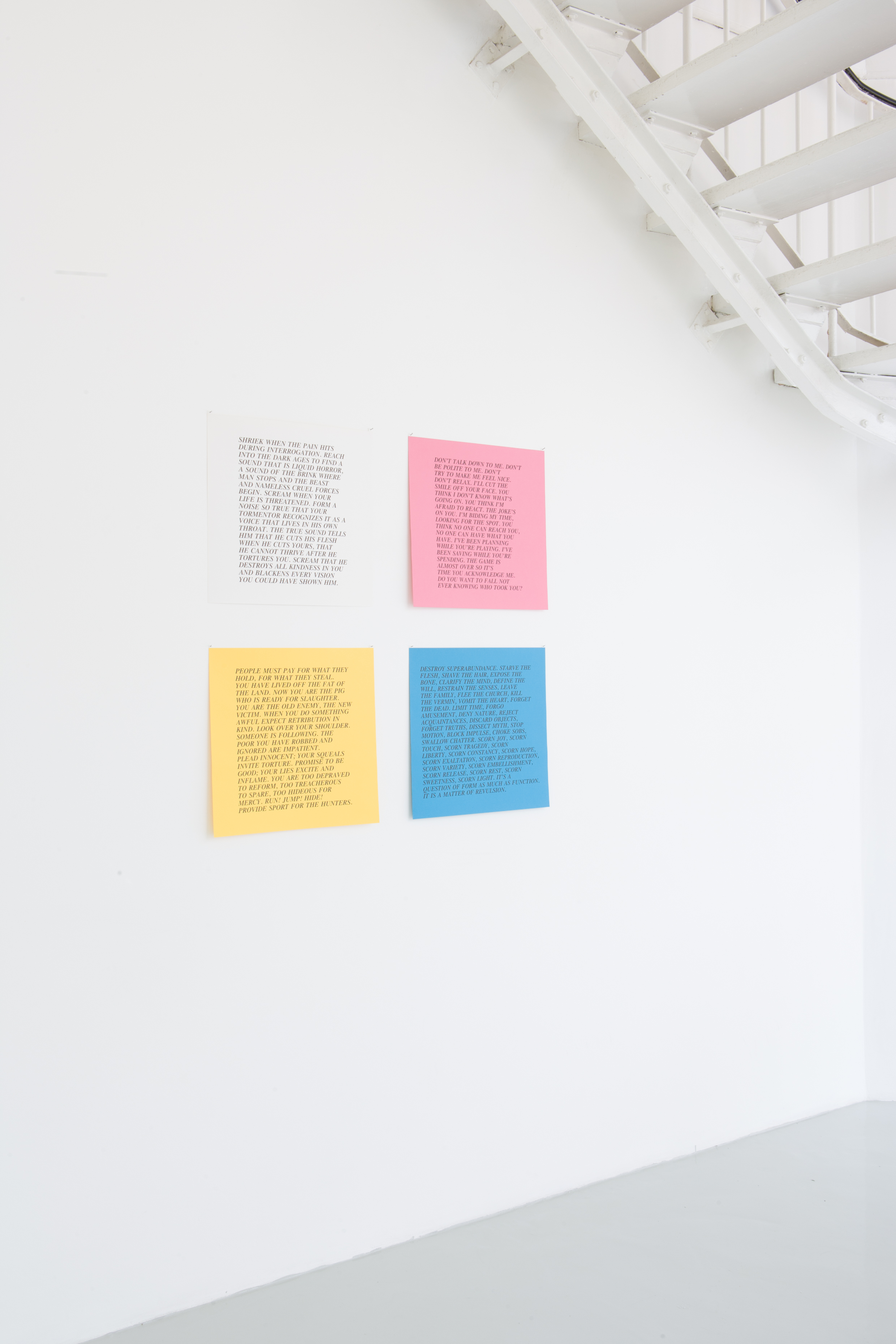 Jenny Holzer, 4 posters with text from the INFLAMMATORY ESSAYS series, 1979 – 1982. Offset print on paper. 