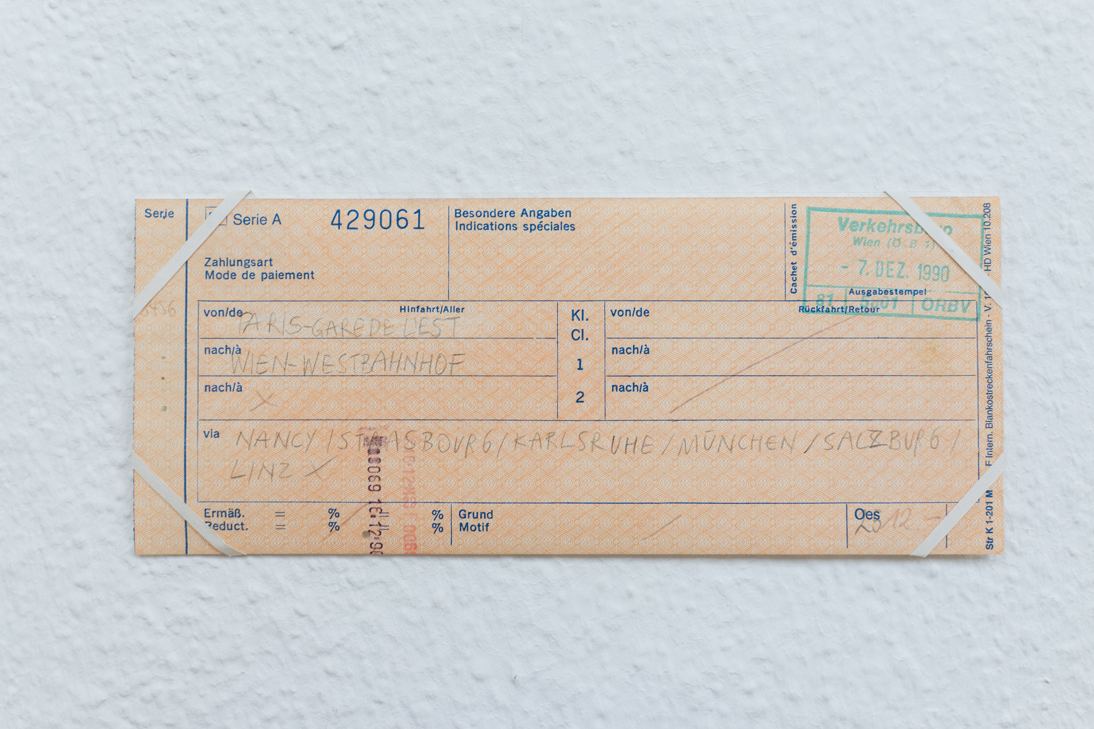 Ariane Müller, Gefälschte Bahnkarten, 1987-93. Mixed media on document, 10 x 18 cm, 22 pieces. (Photo: Between Bridges)