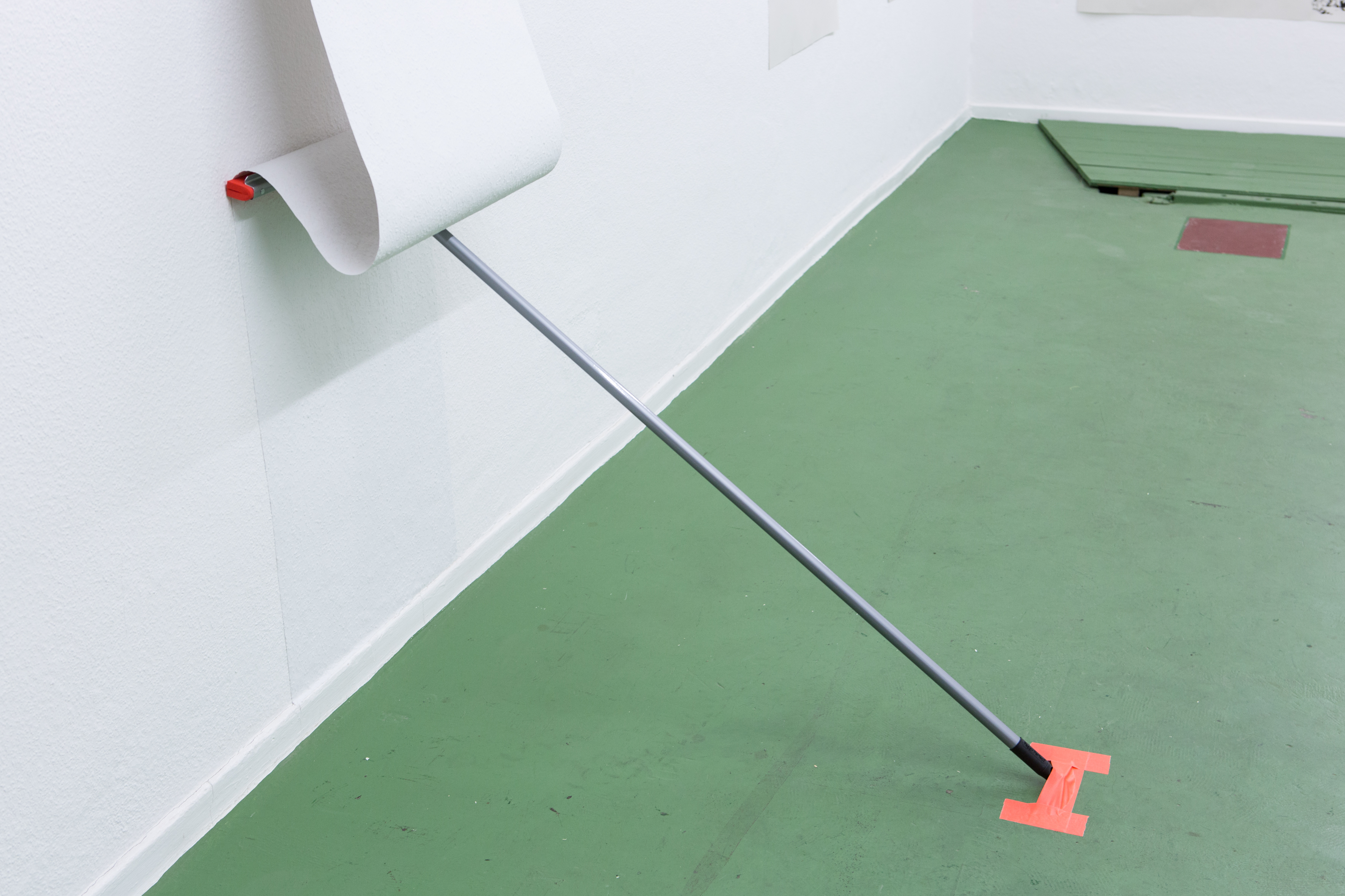 Natascha Sadr Haghighian, I Woke Up Like This, 2014. Wallpaper, wallpaint, spray glue, Peggy Perfect bathroom wiper, cloth tape, variable dimensions. (Photo: Between Bridges)