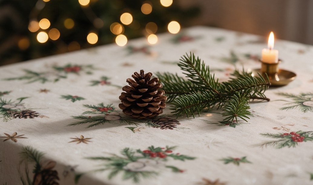 Close-up van gecoat linnen met kerstprint van dennentakken en besjes, met een dennenappel en een brandend kaarsje