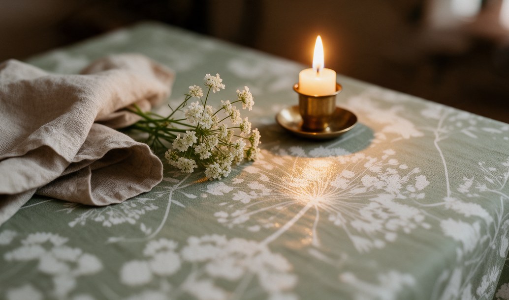 Close-up van gecoat linnen Ceres Verde met witte bloemenprint, met een linnen servet, veldbloemen en een kaarsje