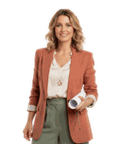 Woman in a salmon blazer holding rolled papers, smiling at the camera, wearing a white blouse, and gray pants.