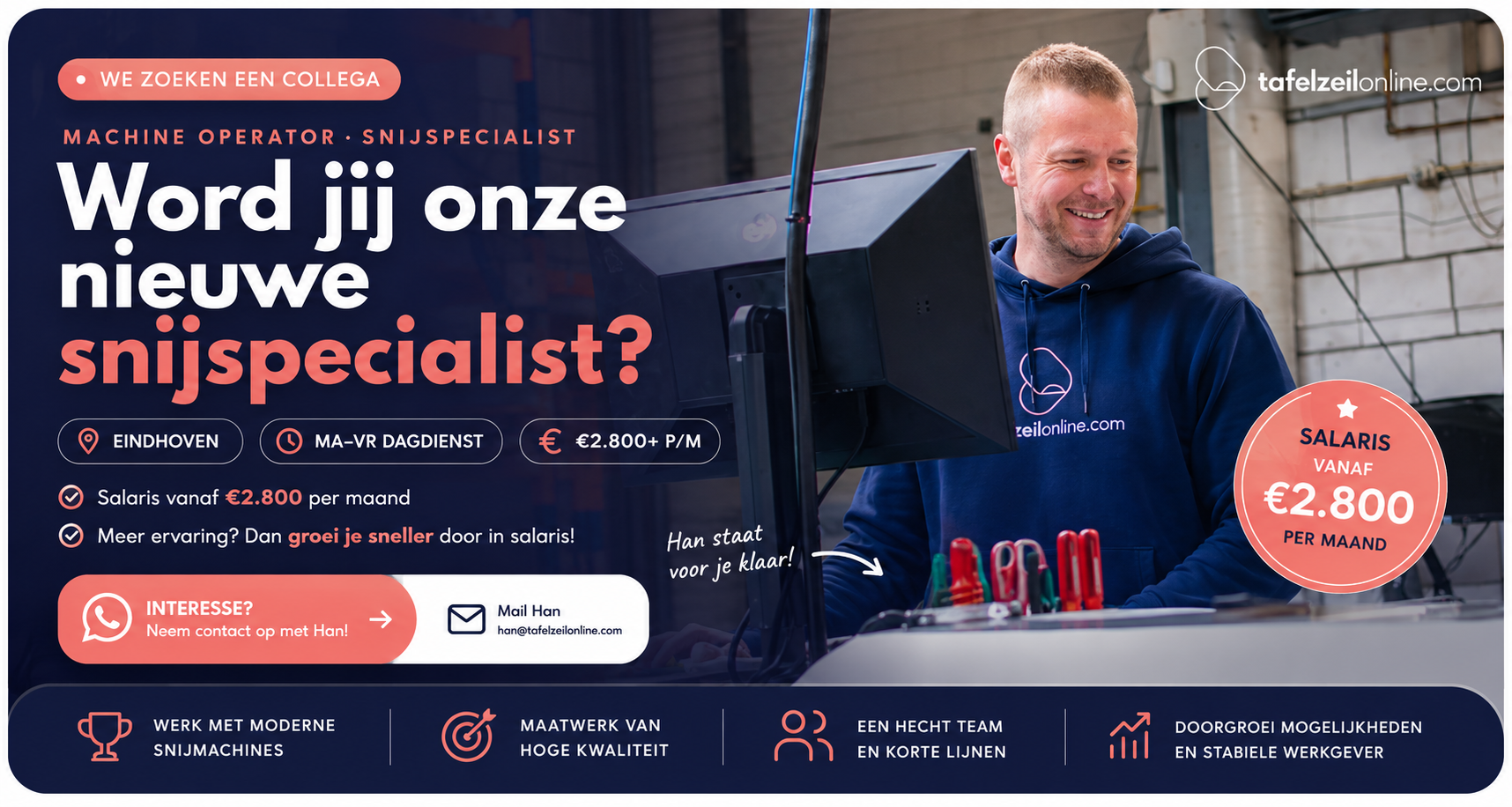 Job ad for a cutting specialist in Eindhoven, offering a salary from €2,800/month, Mon-Fri, with growth opportunities and a supportive team.
