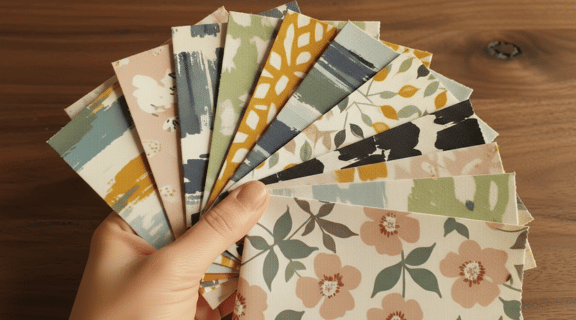 A hand holding a fan of fabric swatches with various floral and abstract patterns on a wooden surface.