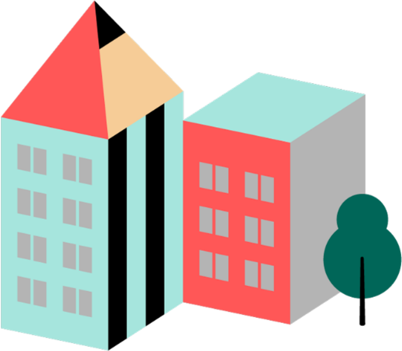 Illustration von zwei Gebäuden in bunten Farben mit Baum