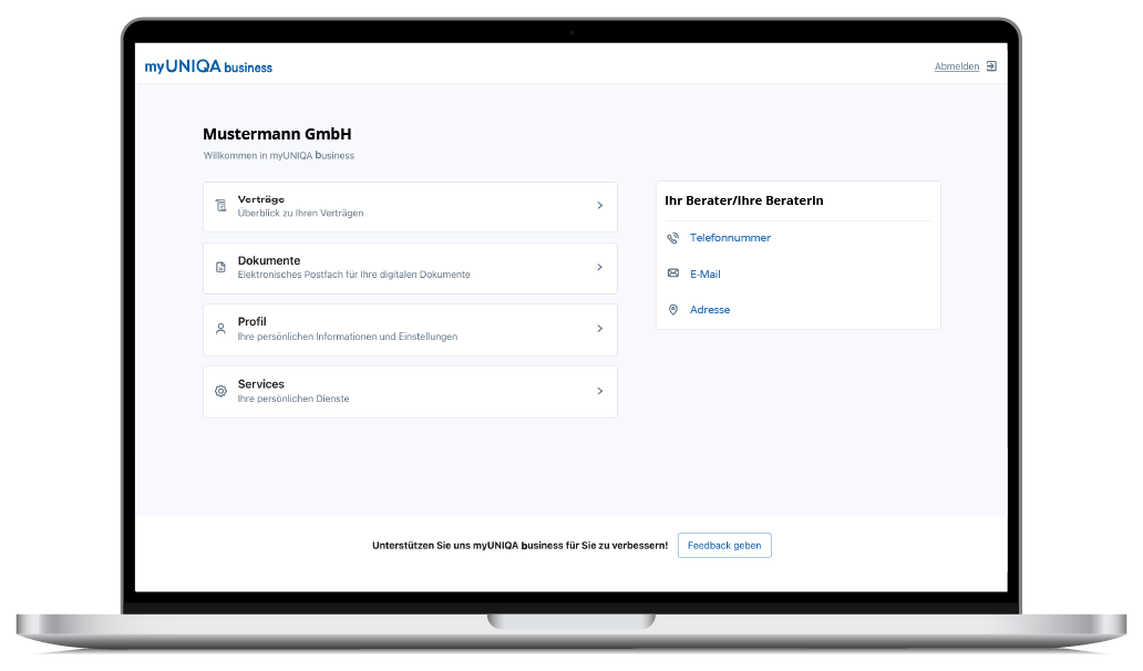 Laptop zeigt myUNIQA Business Dashboard