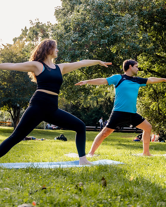 Frau und Mann praktizieren Yoga auf einer schönen grünen Wiese
