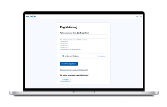 Laptop-Screen zeigt myUNIQA Registrierung