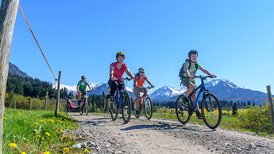 Familie bei sommerlichem Wetter beim Radfahren zwischen grünen Wiesen