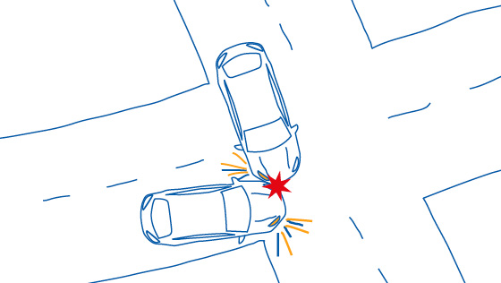 Illustration aus der Vogelperspektive eines Verkehrsunfalls in einer Kreuzung